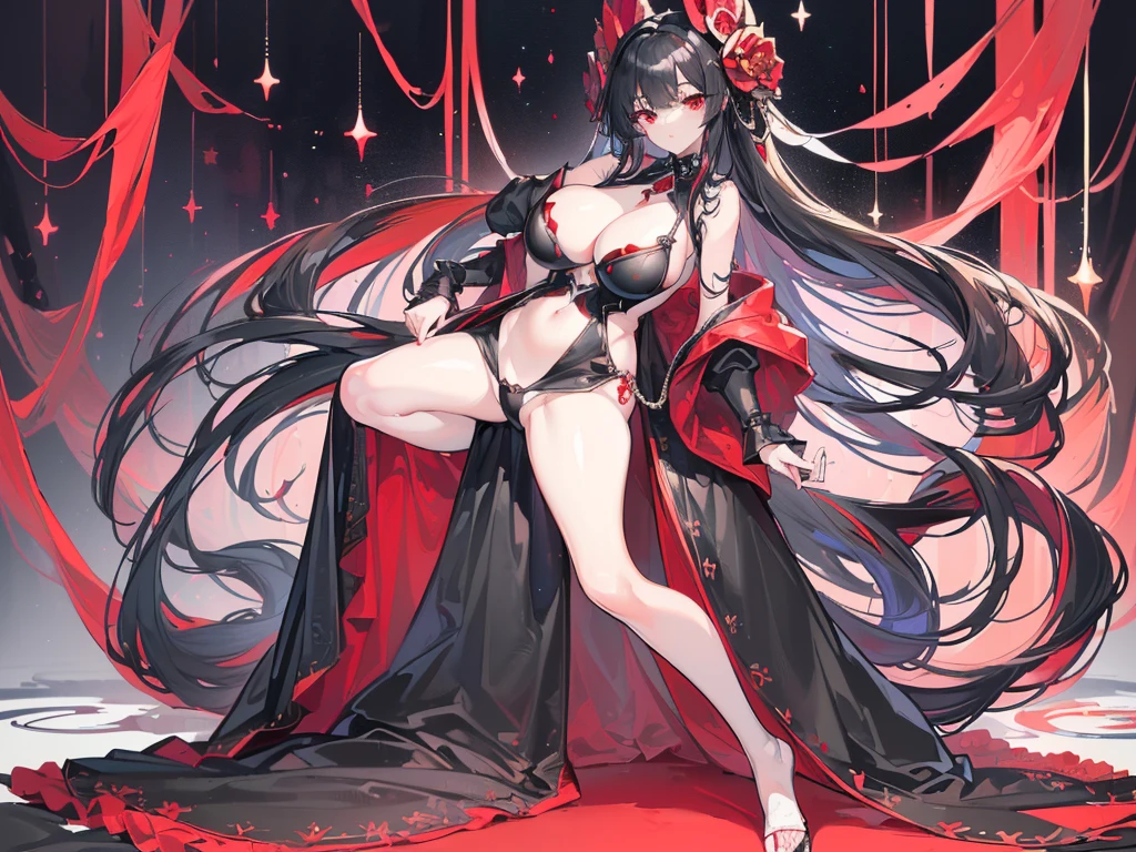 (Exquisite eyes),(Clear and beautiful eyes:1.61),masterpiece, ung girl,(Black clothes and some red gems), Black long hair, (She has a huge red gem on her chest), Good Hand,((The Havoc of StarCraft)),full-body shot,Fighting Stance,(Red Eyes:1.466),short and small,(Very big breasts:1.35),(Pretty Face),(full-body shot:1.33),Beautiful hands