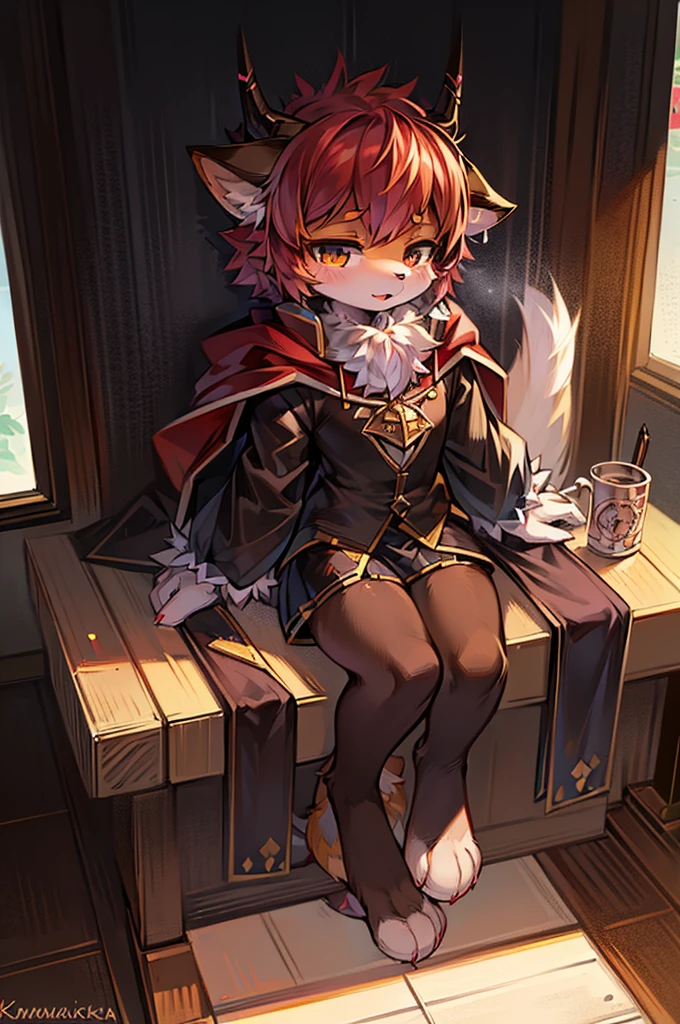 a drawing of a cat with horns and a cape, a pastel by Kamagurka, pixiv, furry art, furry fursona, fursona art, fursona!!!!, fursona commission, fursona furry art commission, furry character, furry furaffinity, furry art!!!, female fursona, sora as a cat, furaffinity fursona