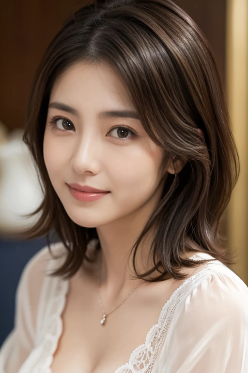 (RAW Photos), (Photorealistic), (masterpiece), (Highest quality), High resolution, 8K, (Intricate details), (Volumetric light), Portraiture, woman, 22 years old, short hair, Straight hair , Layered Hair, Brown Hair, Very beautiful eyes, Source order, Very thin eyebrows, Very fine skin, Very beautiful mouth, Very nice nose, Cute like an idol, Smile, ((Thick lips)), (Looking at the audience ), (Elegant blouse),Cleavage、The bra is blue、Large Breasts、