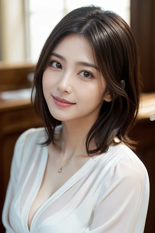 (RAW Photos), (Photorealistic), (masterpiece), (Highest quality), High resolution, 8K, (Intricate details), (Volumetric light), Portraiture, woman, 22 years old, short hair, Straight hair , Layered Hair, Brown Hair, Very beautiful eyes, Source order, Very thin eyebrows, Very fine skin, Very beautiful mouth, Very nice nose, Cute like an idol, Smile, ((Thick lips)), (Looking at the audience ), (Elegant blouse),Cleavage、The bra is blue、Large Breasts、