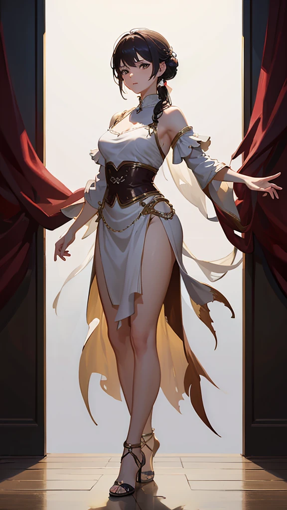 slave , blood, dirty clothe, a mature sad female, ethereal, large breasts, vivid color, bare shouders, perfect female figure, arms up, armpits, thighs, [light smile], expressionless, masterpiece, 8k resolution, fantasy art, ((high jumper's body proportions)), ((obesity: 0.0)), ((((no panties)))), ((no panties))), ((( No pants))),(((No socks)))),(No skirt)))),((No shoes)))),((Dynamic posture)))), (Full body))), , (Greek feet), (Carefully groomed nails),((Delicate and small toes, perfect toes))), (Camel toes),((Correct anatomy)),((Correct dissection))),( Clothing: high slit design, white flowers cut at the waist, perfectly blending with the figure))), ((( the robe flutters with the wind))), (((the world of clouds and mist))), (the clothes are painted with dirty and blood )))),