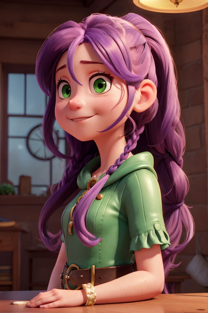 a girl, long purple hair, two pig tail, big green eyes, close up, steampunk dress, in clock room, light smile, ray tracing, reflection light, glowing light, Canon, Fujifilm, from above, Ultra-Wide Angle, bust chart, 16k, 8k, highres, best quality, award winning, high details, high quality, super detail, textured skin, anatomically correct, masterpiece, UHD