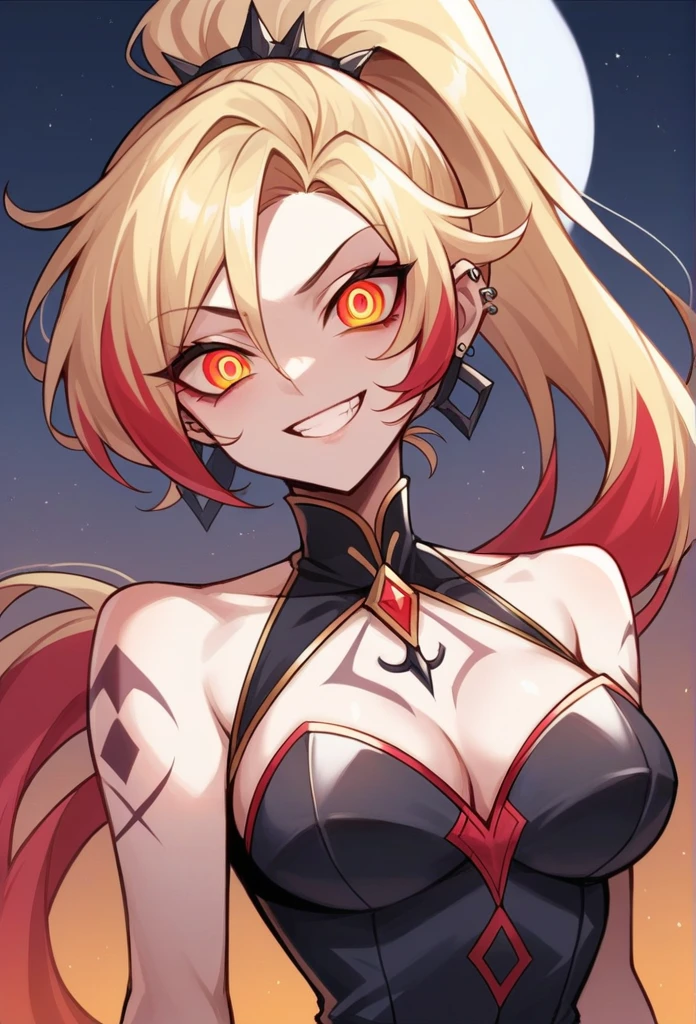 Masterpiece, best quality, expressive eyes, perfect face, 1girl, solo, breasts, horns, blonde hair, long hair, magenta eyes