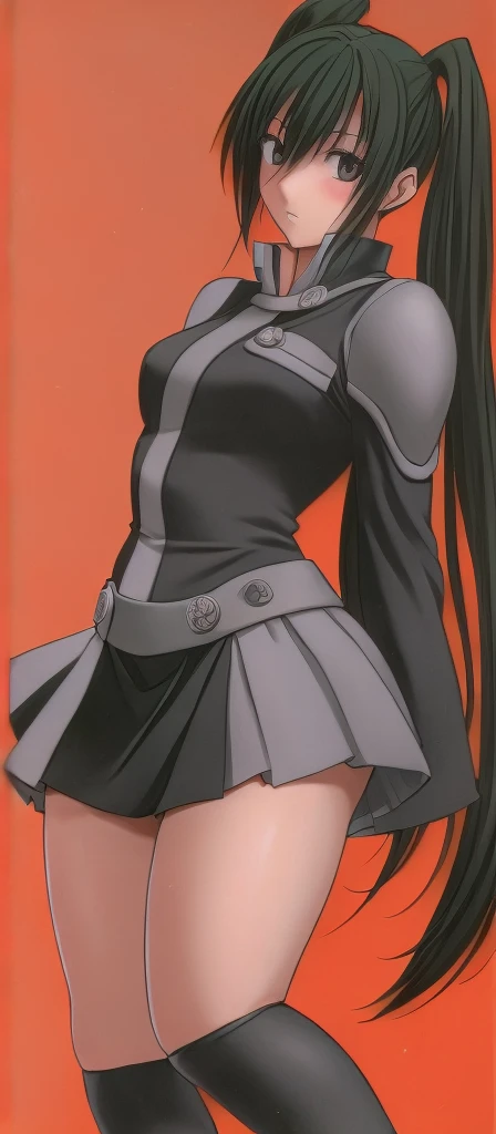 Beautiful-legged twin-tailed Lenalee is standing blushing in a miniskirt uniform and knee-high socks.。