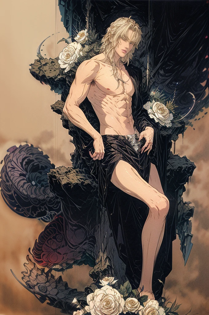 best quality,masterpiece,Ultra-high resolution,1 handsome young sexy topless blond manly man,looking at the audience,one,Yamamoto Takashi style, flower, 
simple background with fog,black_background,Machinery Division，Cold-blooded man，tough guy style，Ice cooler，countless blades