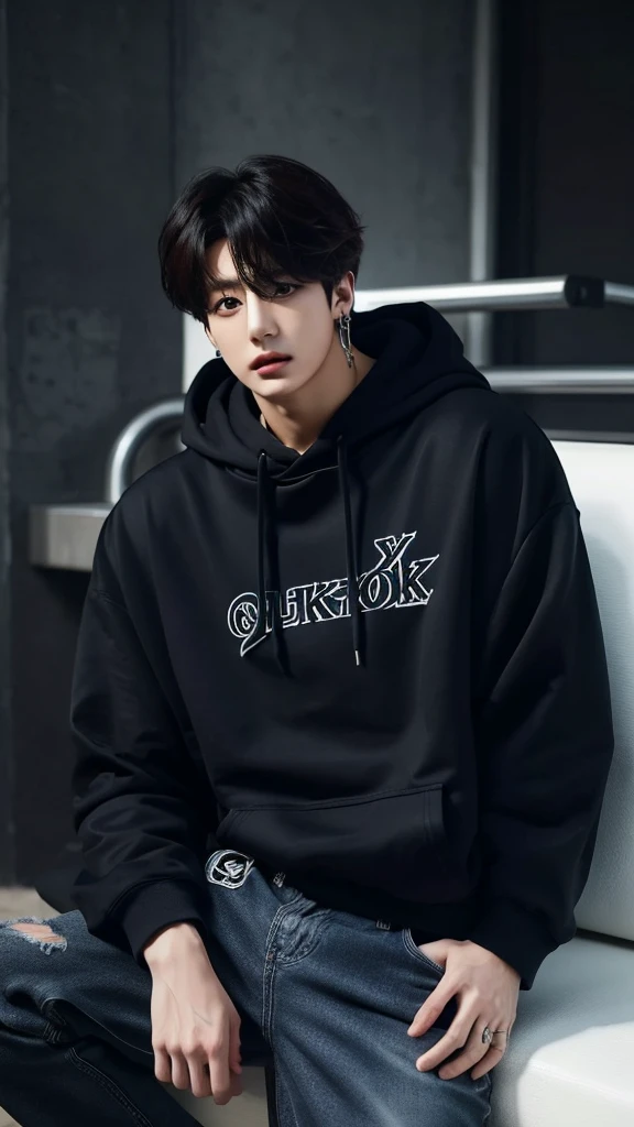 Jungkook from bts , full body , long medium Curly hair , wolfcut hairstylist, wearing black Hoodie and jeans ,photorrealistic, ultrahd, 8K 