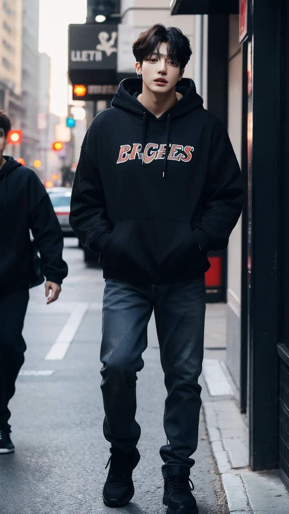 Jungkook from bts , full body , long medium Curly hair , wolfcut hairstylist, wearing black Hoodie and jeans ,photorrealistic, ultrahd, 8K