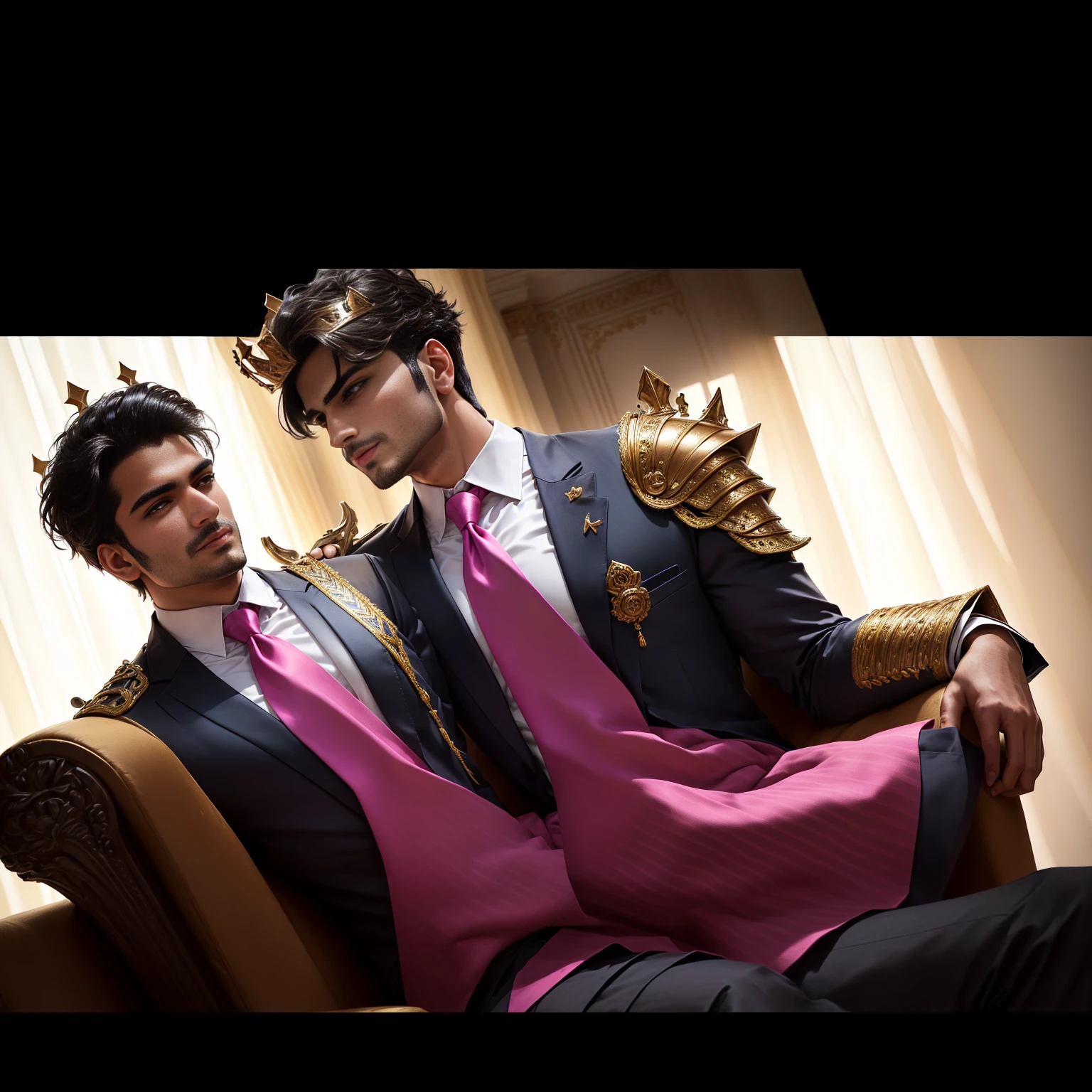 there is a man sitting on a couch with a pink tie, candid picture, with lovely look, mohamed chahin style, full body photogenic shot, inspired by Saurabh Jethani, formal attire, candid photography, very very low quality picture, profile pic, * colour splash *, portait photo profile picture, very artistic pose, ayan nag, full body photoshoot king crown sword muscle armour