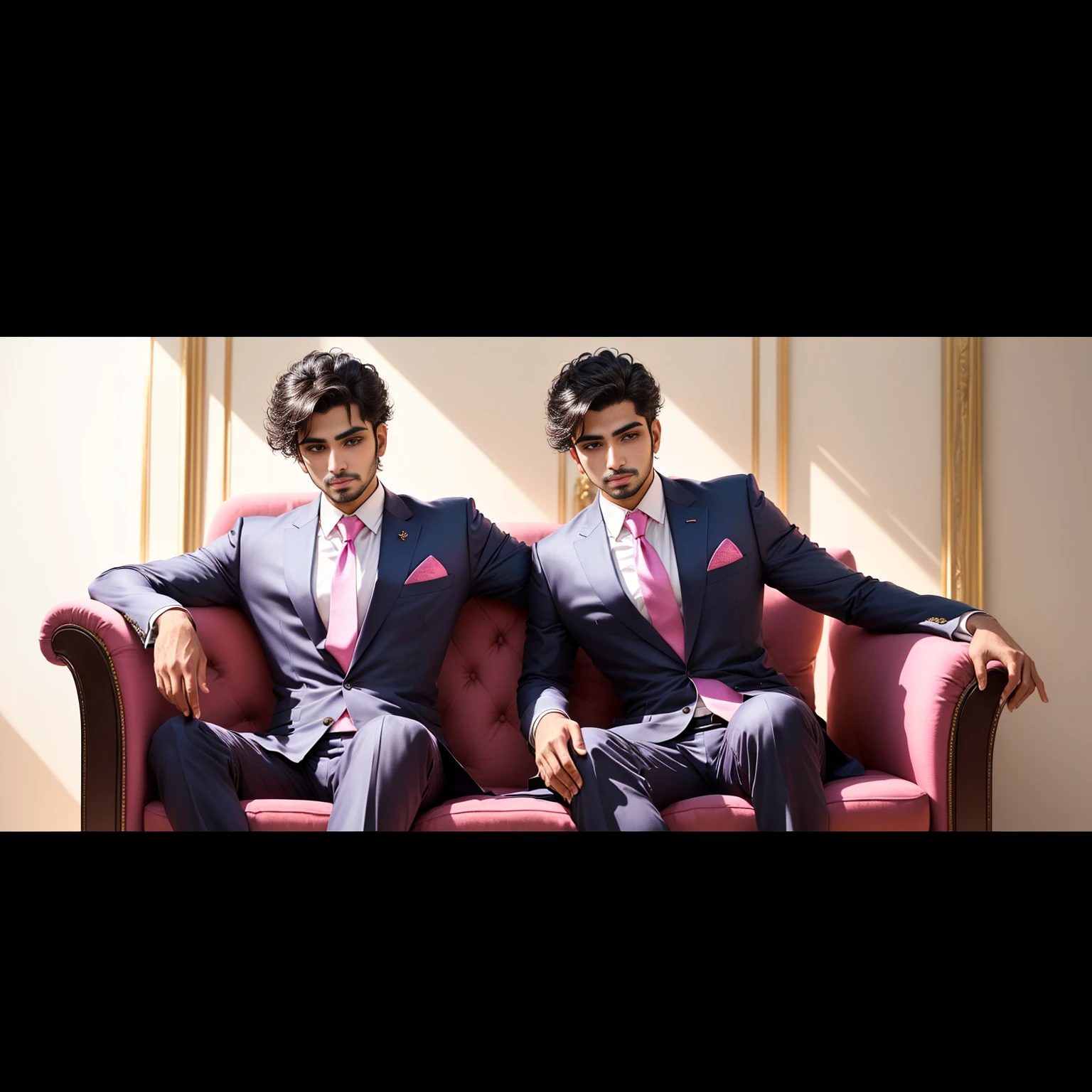 there is a man sitting on a couch with a pink tie, candid picture, with lovely look, mohamed chahin style, full body photogenic shot, inspired by Saurabh Jethani, formal attire, candid photography, very very low quality picture, profile pic, * colour splash *, portait photo profile picture, very artistic pose, ayan nag, full body photoshoot king crown sword muscle armour
