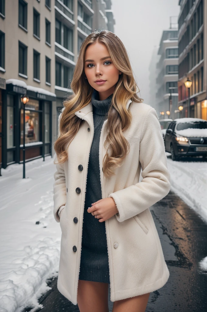 professional portrait photograph of a gorgeous Norwegian girl in winter clothing with long wavy blonde hair, sultry flirty look, gorgeous symmetrical face, cute natural makeup, wearing elegant warm winter fashion clothing, ((standing outside in snowy city street)), stunning modern urban environment, ultra realistic, concept art, elegant, highly detailed, intricate, sharp focus, depth of field, f/1. 8, 85mm, medium shot, mid shot, (((professionally color graded))), bright soft diffused light, (volumetric fog), trending on instagram, hdr 4k, 8k