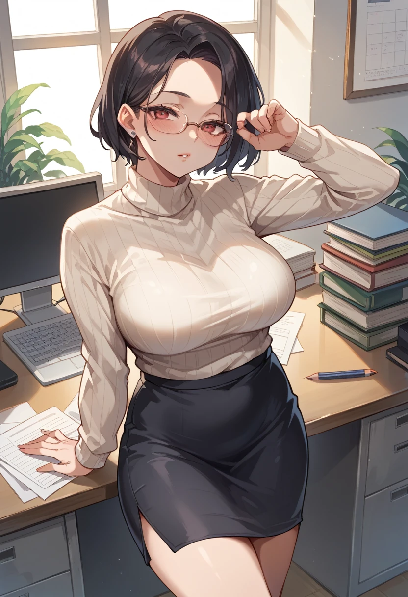 (mature woman), blush, lust, skin fair, Sweater shirt, Long pencil skirt, wearing glasses, short black hair, beautiful face, 가슴, sensuous, highest quallity,standing pose, (fund: In front of the office desk)