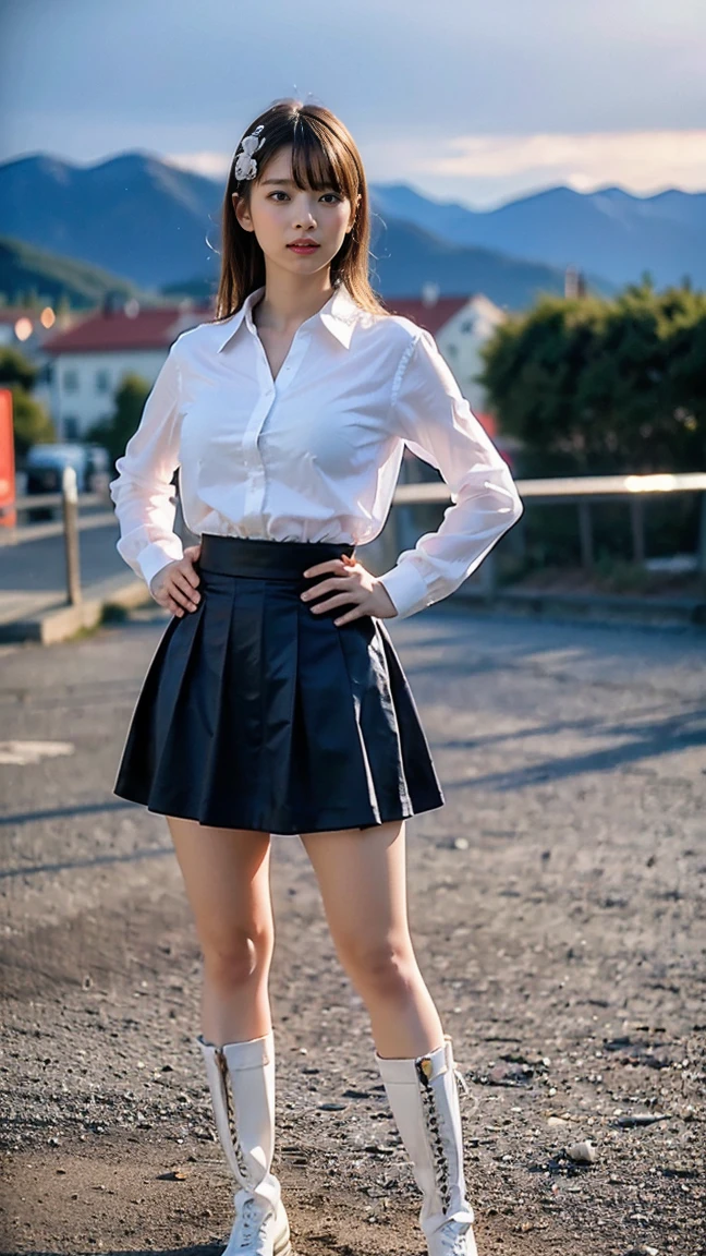 (8K、RAW Photos、Highest quality、masterpiece:1.2)、(Realistic、Realistic)、1 Girl、((White shirt、Black mini skirt、Big Breasts、I can see your chest、View from the front、See-through、boots、Stand with hands on hips、In the city))、