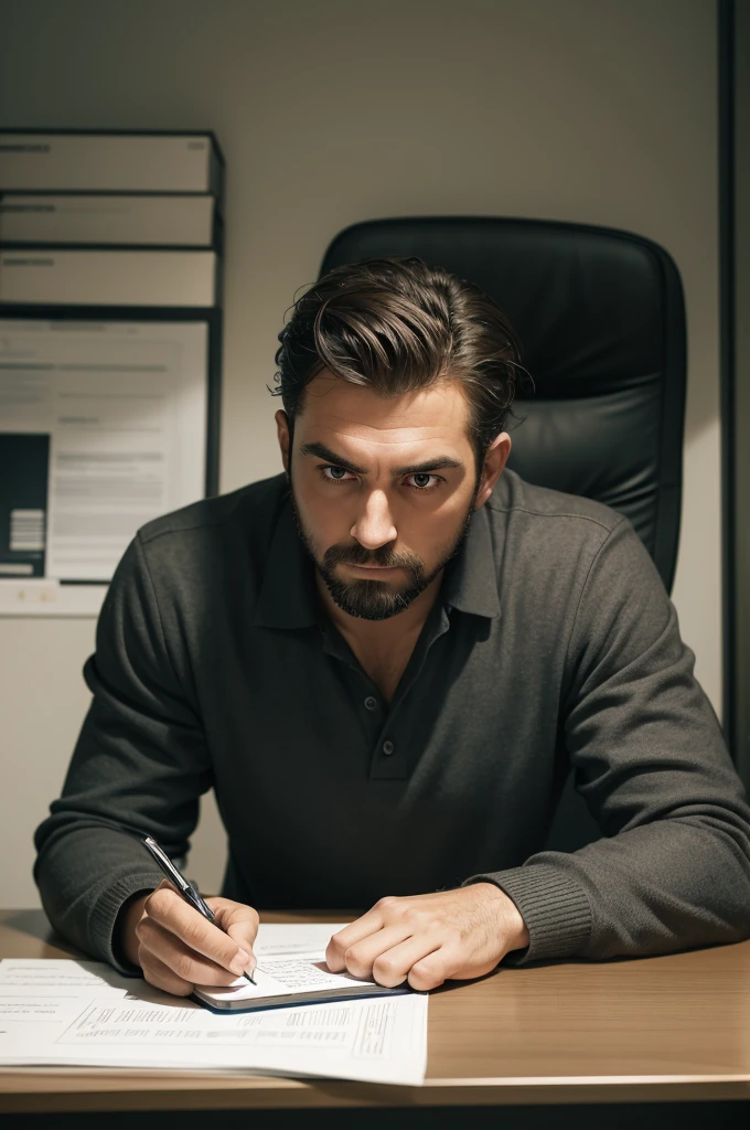 (great image quality)(darkness room)man sitting at an office desk analyzing a notebook 