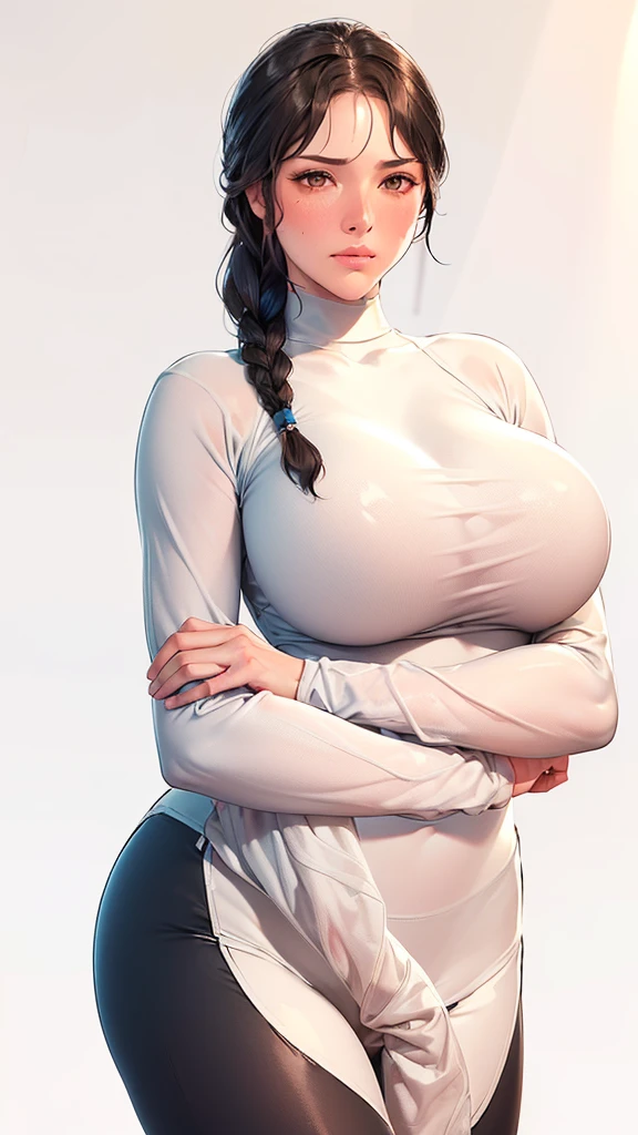 (((Perfect body,White and tender skin,(((Black yoga suit, long sleeved yoga suit, yoga pants))),(((brown eyes, braid, long hair, braided ponytail, single braid, hair over shoulder, bangs, blush, lips))),((masterpiece)),highres,((Best quality at best)),masterpiece,quality,Best quality,((( Exquisite facial features,Looking at the audience,There is light in the eyes,(((frown,blush))),))),(((Light and shadow,Huge breasts,))),(((Looking at the camera,White background))))