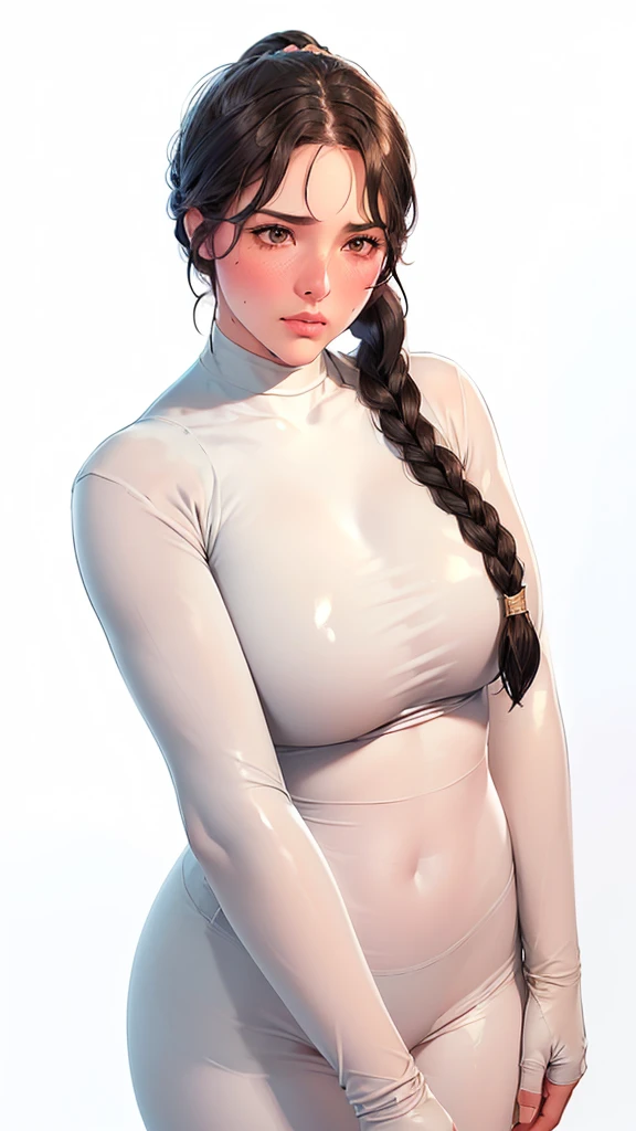 (（（Perfect body,White and tender skin,（（（Black yoga suit, long sleeved yoga suit, yoga pants）））,（（（brown eyes, braid, long hair, braided ponytail, single braid, hair over shoulder, bangs, blush, lips）））,((masterpiece)),highres,((Best quality at best)),masterpiece,quality,Best quality,(（（ Exquisite facial features,Looking at the audience,There is light in the eyes,(（（frown，blush））），）））,（（（Light and shadow,Huge breasts,）））,（（（Looking at the camera,White background)））)