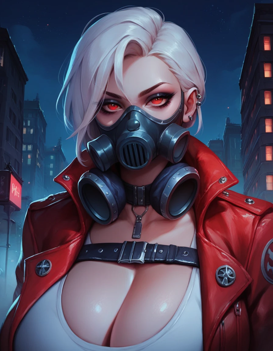 digital painting, portrait, painting of tf2pyro in a gothic city, redteam, red jacket, gas mask, night, huge breasts