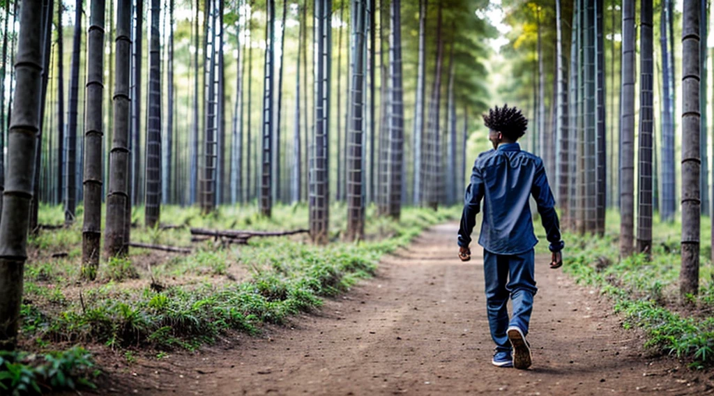 Image of a 12 year old black male ager - wearing a faded dark grey long sleeved shirt - no print - short curly curly hair - wearing faded dull red long pants - running alone on the grass - not wearing shoes - with his back to the camera alone in the forest - a Blue morpho butterfly by his side - narrow bamboo forest floor