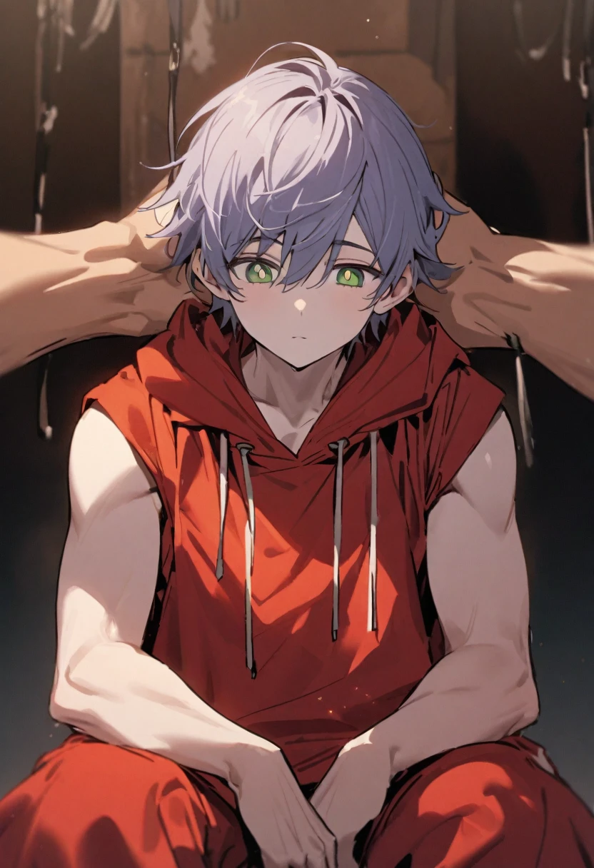 is a tall athletic man with fair skin, thin, rectangular green eyes, and white pupils. He also had messy Periwinkle hair just past his shoulders, that partially hangs in front of his face He wears a sleeveless white and red hoodie with red baggy pants