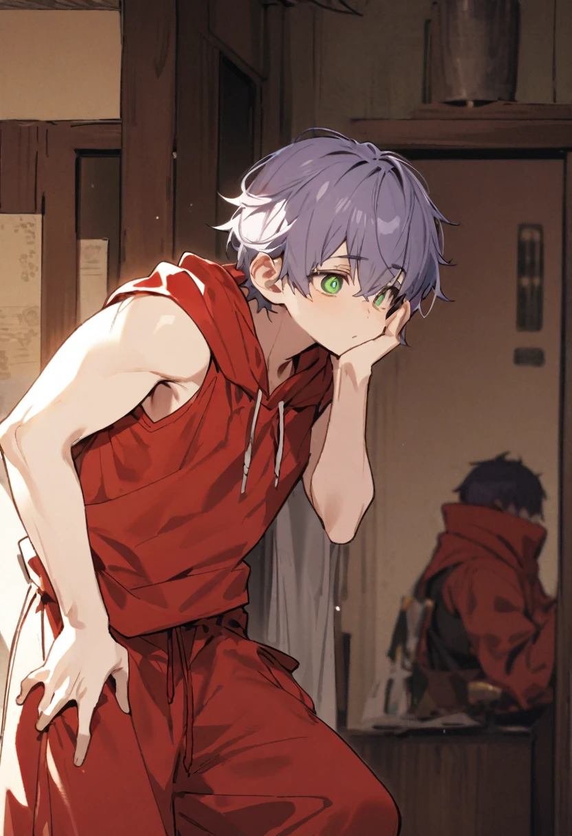 is a tall athletic man with fair skin, thin, rectangular green eyes, and white pupils. He also had messy Periwinkle hair just past his shoulders, that partially hangs in front of his face He wears a sleeveless white and red hoodie with red baggy pants