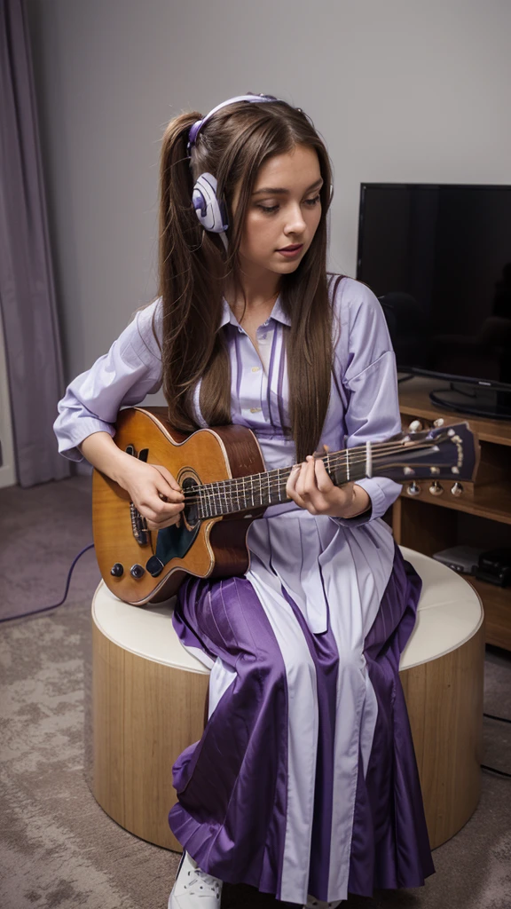 ((masterpiece, best quality))1girl, solo, fashion purple dress modern future, electric guitar, headphones, ponytail, holding, holding plectrum, instrument, very long brown hair, music, one side up, teal hair, twin tails, playing guiter, pleated long skirt fashion, fashion dress modern purple and white, interior, full body, purple, sit down in modern retro classic chair, walking, jumping, beautiful boot modern