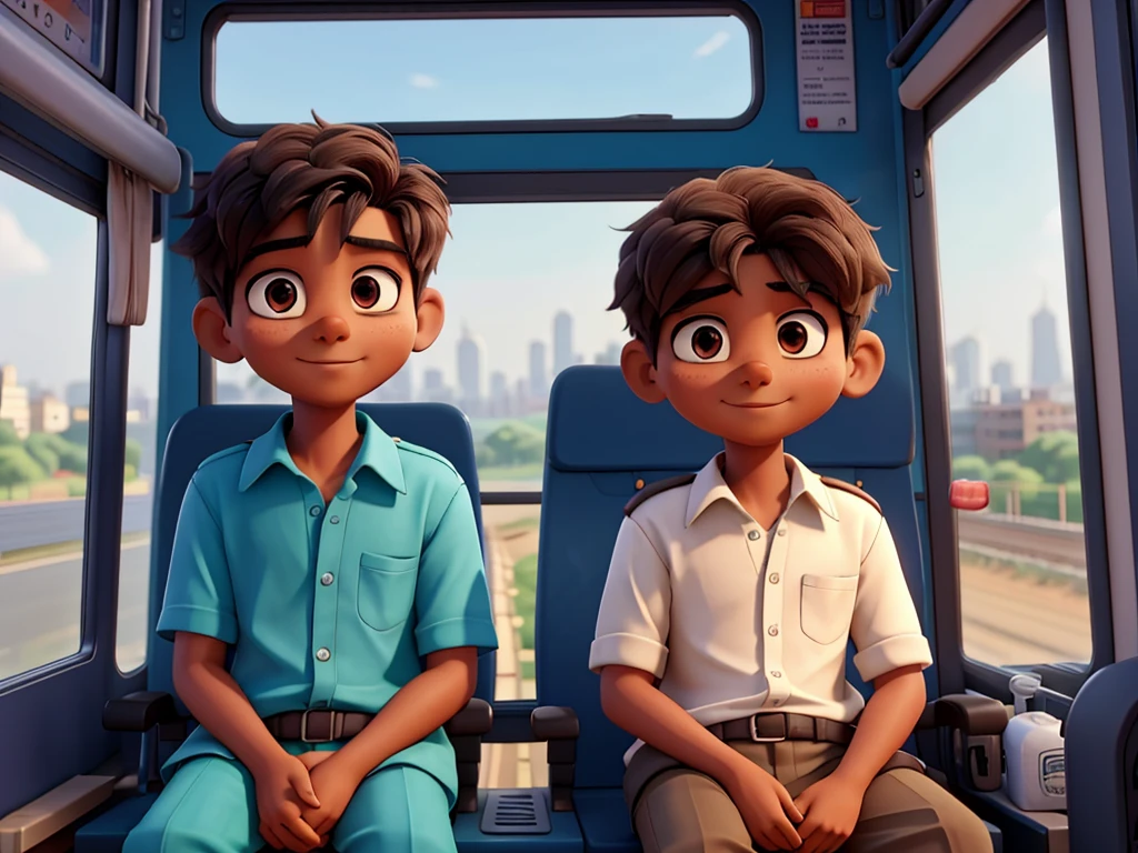Mohan and Sohan sitting in a bus or train, looking out the window.

• View of the road leading to the city.8k