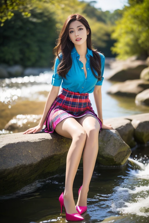 (Highest quality、Ultra-high resolution、masterpiece、8K)、(Delicate face、Detailed eyes and face、Watery eyes、double eyelid、Glossy lips), (1 girl) 、Very beautiful woman、Slender、Slim Big、Sharp long legs、Alluring and sexy、(A brightly colored collared shirt:1.2)、(Skirts in flashy colors:1.3),(silk pantyhose:1.1),(Stiletto heels)、Cleavage、Sitting pose、Perfect body、Two perfect legs、balanced legs、Detailed shoes、Anatomically correct、High-definition skin texture、Daytime、(Wind、river、waterfall、garden)