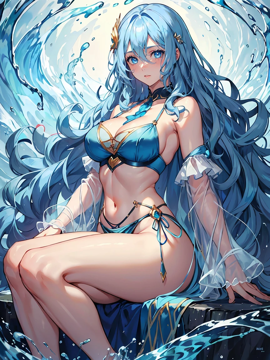 handsome girl，blue-eyes，blue pupils，Long blue hair，Hyperresolution，accuracy，Detailed rendering，（Subtle facial image）（Image of fine hair）（topquality）（Masterpieces of masters）（High degree of completeness）（A sense of atmosphere）tmasterpiece，Super detailed and super detailed（half-body portrait), long wavy blue hair, merfolk, , in water, (((tHICK WAVY HAIR)))(((ANKLE LENGTH HAIR)))(((Blushing)))(((Huge breasts)))(((Lingerie)))