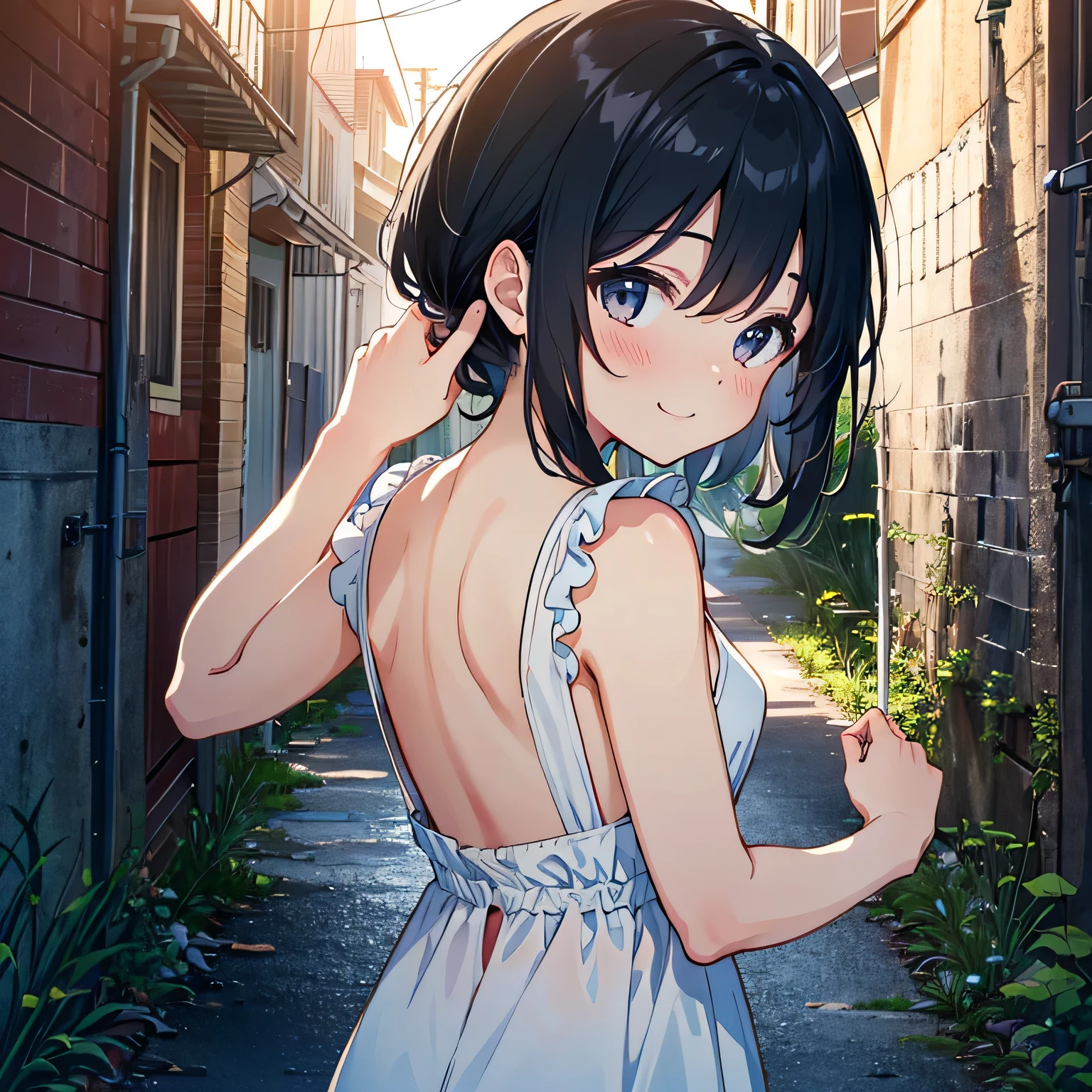 (((a man grabs a girl by the hair from behind, a frightened girl, a close-up view of her upper body))),{{{Top quality}}}, {{Very detailed}}, {Illustration}, {{Very delicate and beautiful}}, ((Back alley in a deserted residential area)))), White dress , straw hat, sandals, pool set in plastic bag, girl (5 years old, barefoot), small breasts, round face, girl, (toddler: 1.25), (baby face: 1.2), short limbs, smile, small breasts, girl, A girl walking in a back alley, a man calling out to the girl, a close-up of her bust, 