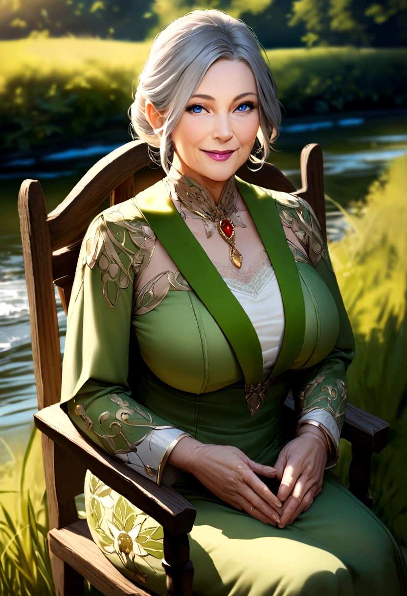 Realistic portrait of a mature woman, 60 years old, wearing Green dresses elegant motif. She should have a natural appearance, curvaceous forms, blue eyes, gray hair, smile, Shoot this image in high resolution with a 35mm lens to get a good perspective. Sitting on the chair, river and Meadow views 