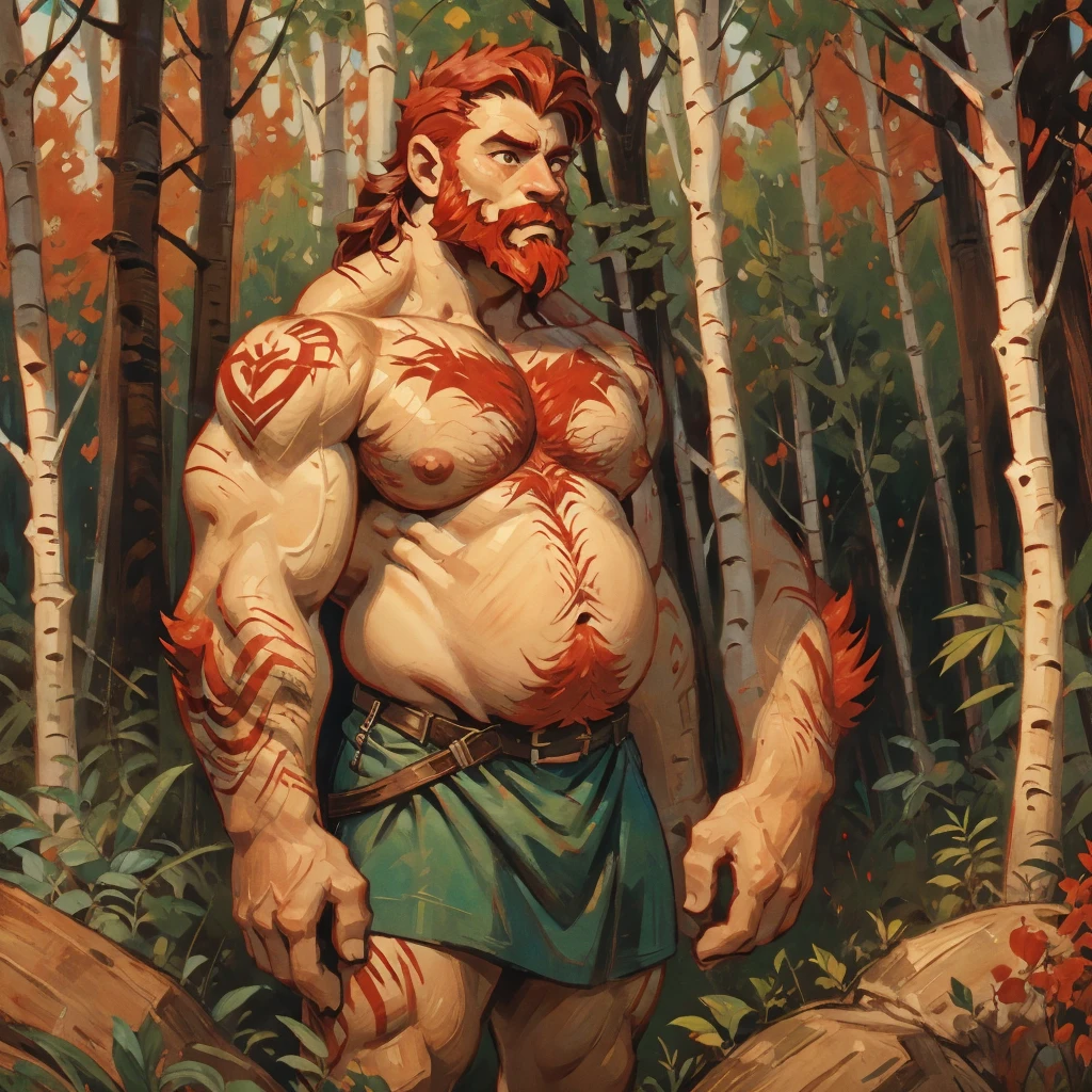 man, Viking, short stature, Age 60 years, strong, thick, big breasts, big belly, Red hair, big red beard, thick body hair, густые Red hair на груди, густые Red hair на животе, густые Red hair на лобке, густые Red hair на яйцах, tattoos on body, very shy, In the woods, birch trees, nature, in a short leather skirt