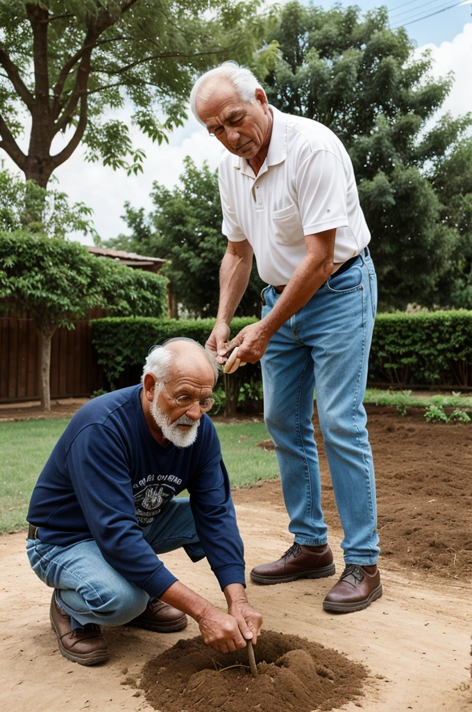 An old man planting a new tree and a middle age man and women is behind him