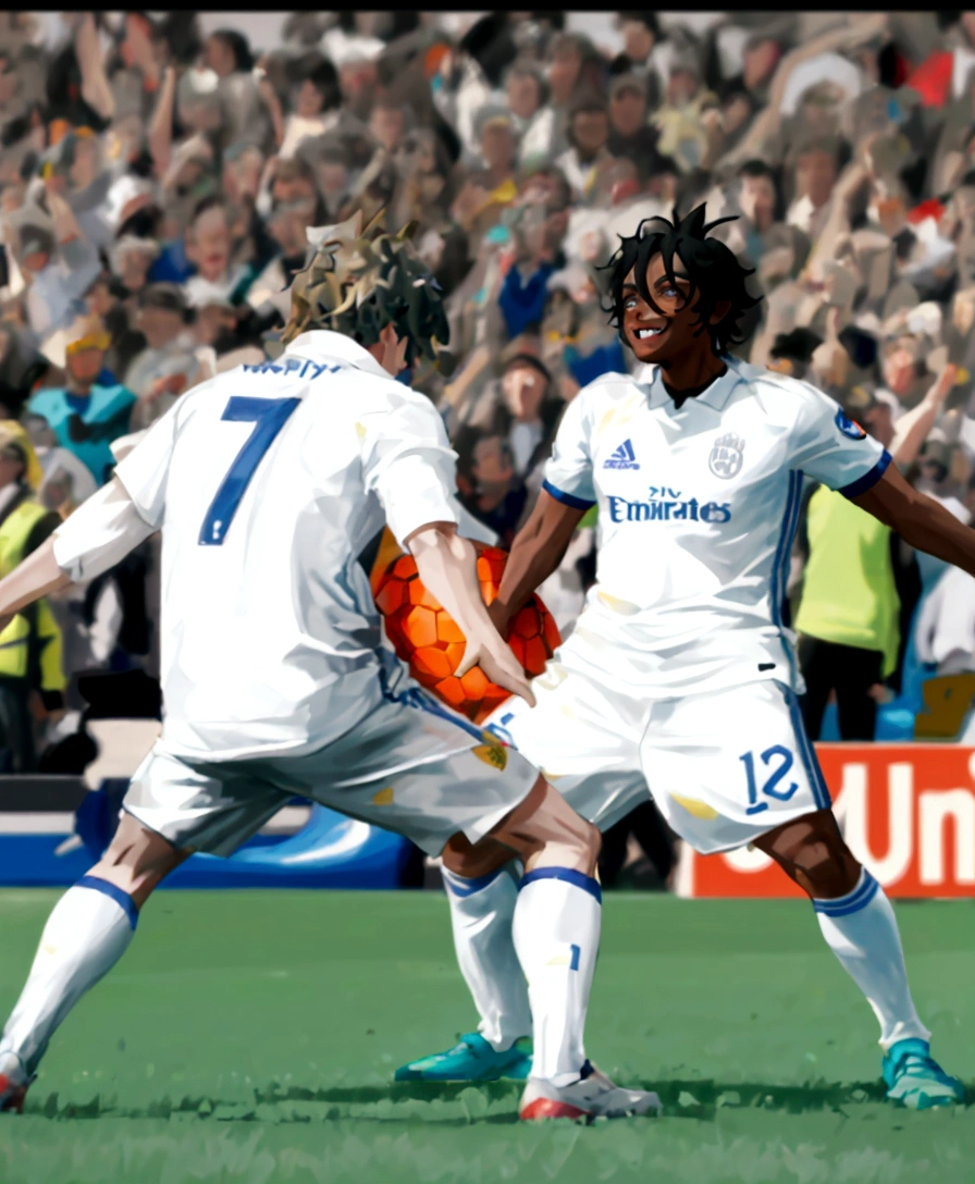 there are two men playing soccer on a field with a crowd watching, celebrate goal, ๐๐๐โบ๐๐๐, the best ever, attacking, very clear picture, very excited, madrid, victory lap, ๐ฃ ๐ฅ๐ฃ ๐ฅ, very very happy!, competition winning, ๐ป๐น๐ผ, unknown, wining, bony, 8k hq, real atmosphere