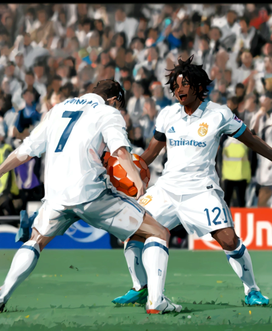 there are two men playing soccer on a field with a crowd watching, celebrate goal, 😃😀😄☺🙃😉😗, the best ever, attacking, very clear picture, very excited, madrid, victory lap, 💣 💥💣 💥, very very happy!, competition winning, 🌻🎹🎼, unknown, wining, bony, 8k hq, real atmosphere