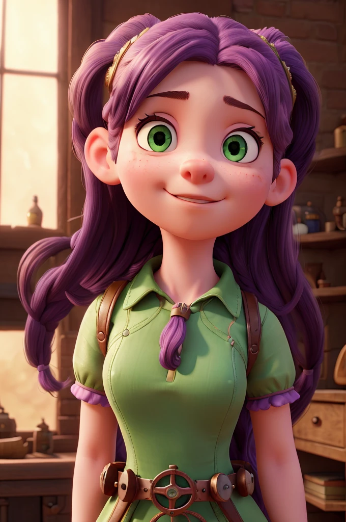 a girl, long purple hair, two pig tail, big green eyes, close up, steampunk dress, in steampunk clock room, light smile, ray tracing, reflection light, glowing light, Canon, Fujifilm, from above, Ultra-Wide Angle, bust chart, 16k, 8k, highres, best quality, award winning, high details, high quality, super detail, textured skin, anatomically correct, masterpiece, UHD