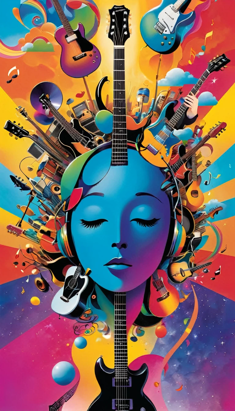 The image depicts an abstract music album cover. Towards the bottom, human faces are obscured, looking towards the sky. Above, various musical instruments such as guitars float amidst a colorful, vibrant backdrop.