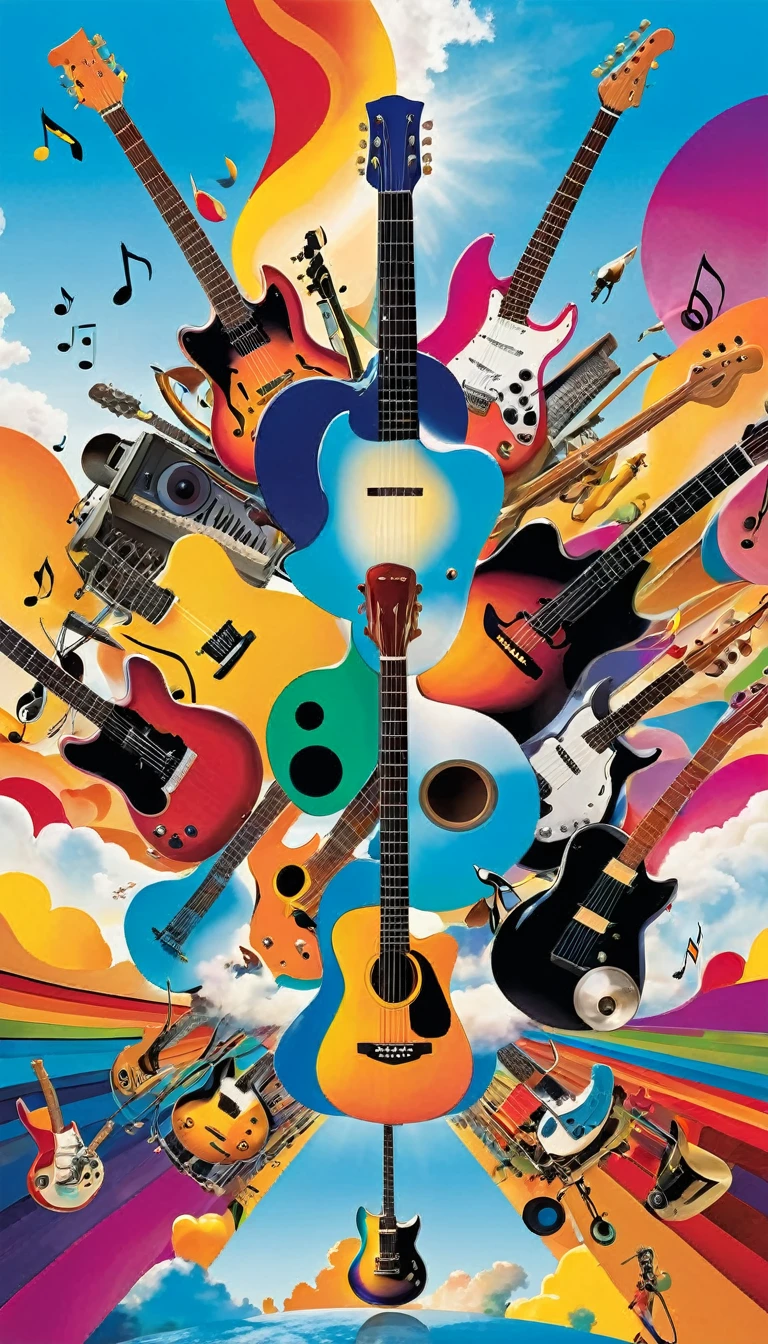 The image depicts an abstract music album cover. Towards the bottom, human faces are obscured, looking towards the sky. Above, various musical instruments such as guitars float amidst a colorful, vibrant backdrop.