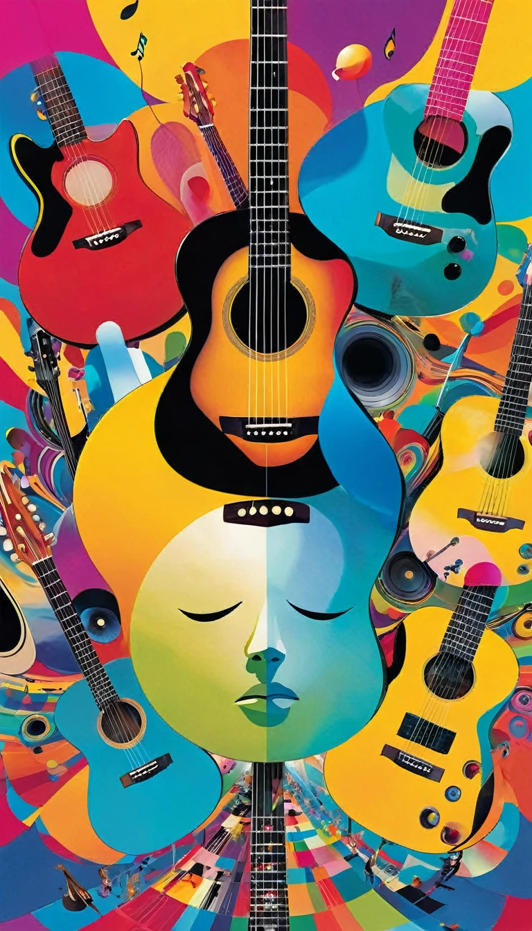 The image depicts an abstract music album cover. Towards the bottom, human faces are obscured, looking towards the sky. Above, various musical instruments such as guitars float amidst a colorful, vibrant backdrop.