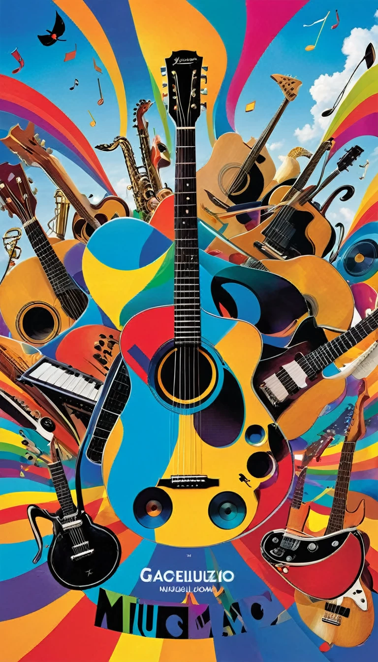 The image depicts an abstract music album cover. Towards the bottom, human faces are obscured, looking towards the sky. Above, various musical instruments such as guitars float amidst a colorful, vibrant backdrop.