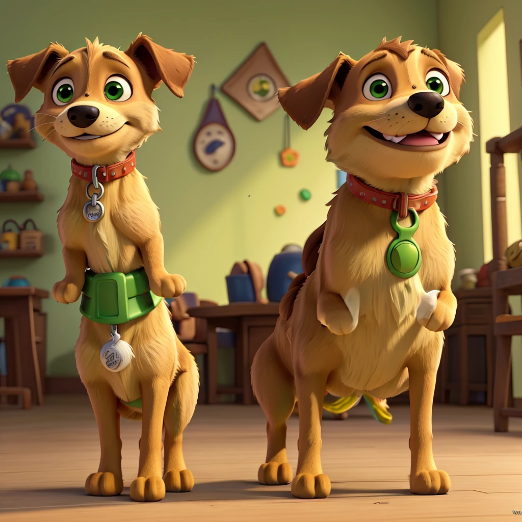 create standing dog, Pixar Disney cartoon style, light brown, green eyes, wearing only a yellow helmet from the future, happy, the dog is in the upright position only on its two back legs looking at the camera and looking confident and happy.