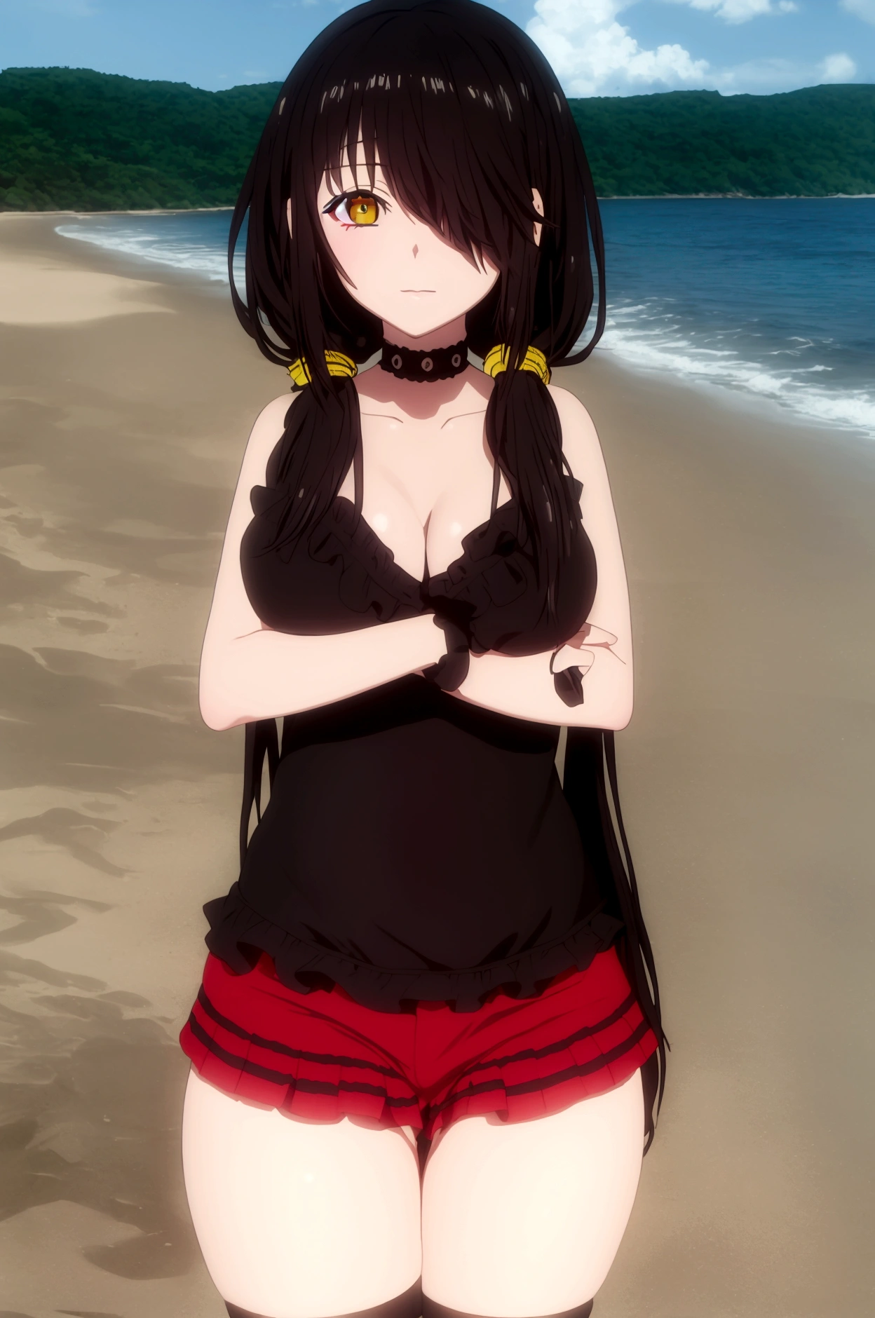 1girl, Kurumi Tokisaki, bikini girl, beach , 4k resolution, eyepatch, frilled bikini, centered