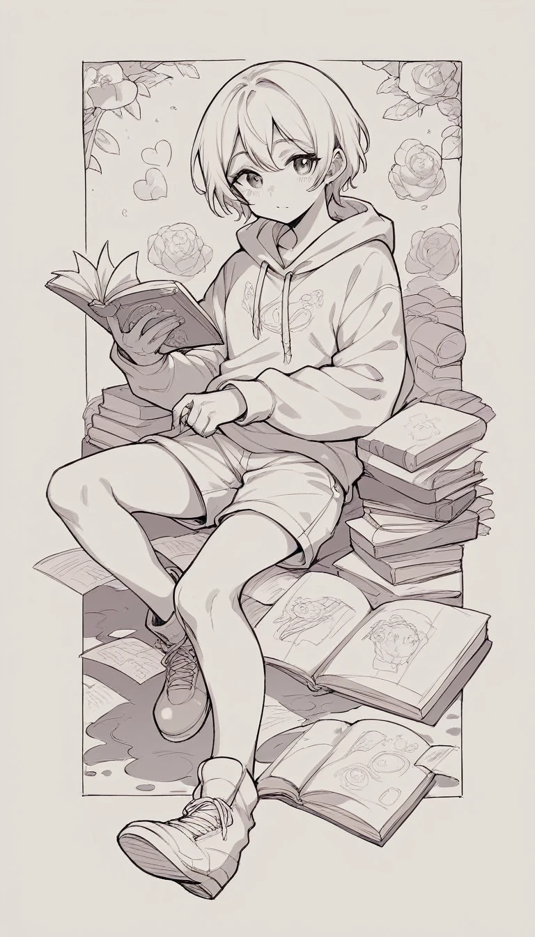 black and white, line art, no shading, full body, live2D character, short hair, cute, coloring book style, sketch,ink drawing, outlines