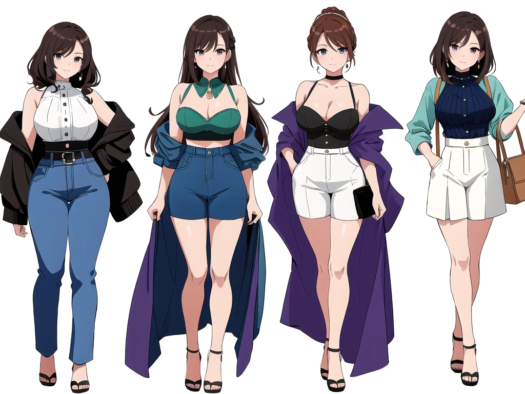 (((Best Quality))) , ((full body)), 4 lady, adult woman, multiple views, (((white background,))) variety of hairstyles, variety of fashion styles, seductive pose, fashionable and trendy atmosphere, holding bag, summer outfits, walk pose, dark blue/dark orange/dark green/dark violet/brown/white, short pants, bustier,