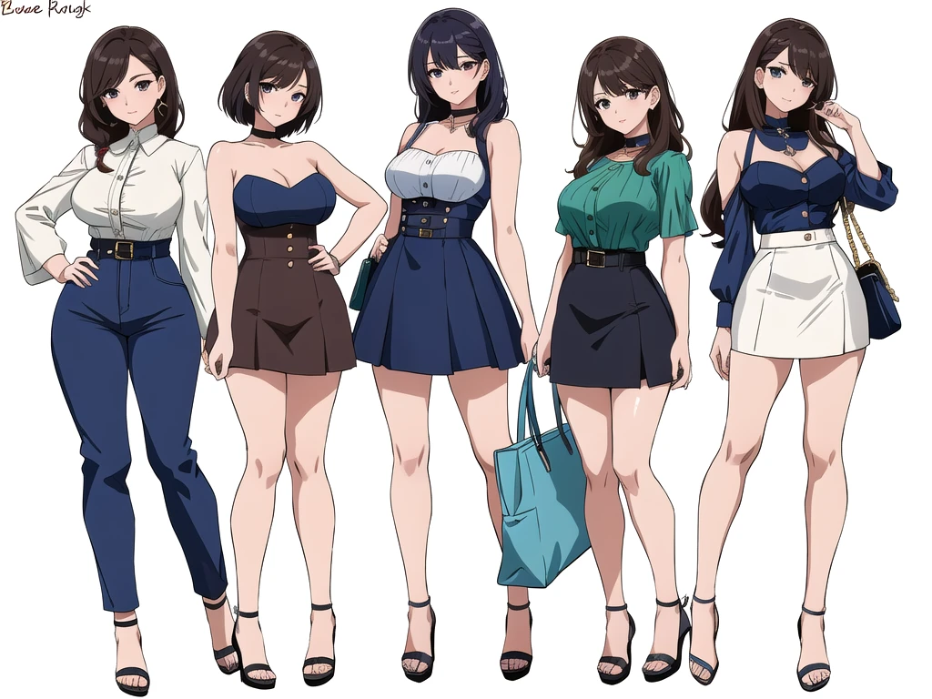 (((Best Quality))) , ((full body)), 4 lady, adult woman, multiple views, (((white background,))) variety of hairstyles, variety of fashion styles, seductive pose, fashionable and trendy atmosphere, holding bag, summer outfits, walk pose, dark blue/dark orange/dark green/dark violet/brown/white, short pants,   bustier,
