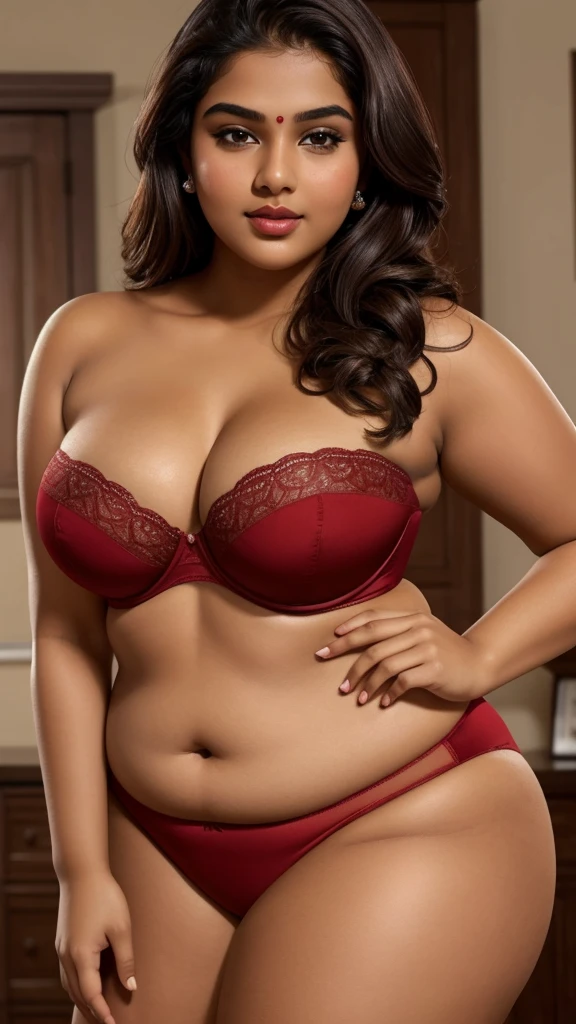 best quality,Masterpiece, perfect face, beautiful indian girls smooth face full body plus size curve wearing strapless bra underwear full figure, fat women bbw,red juicy lips,