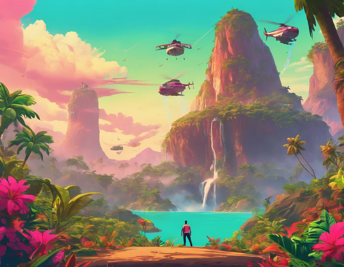 A gigantic flying island, giants waterfalls, jungle vegetation, supernatural landscape, 4K, UltraHD, 16K