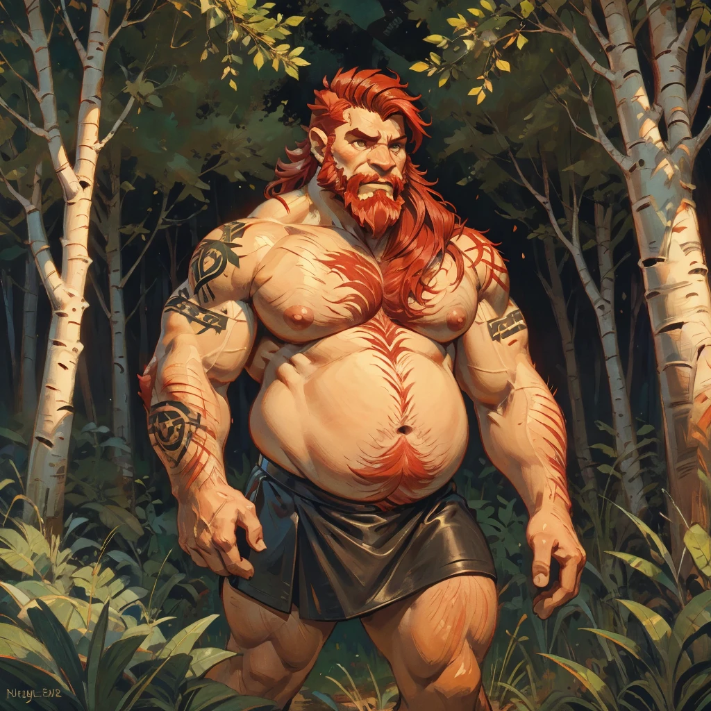 man, Viking, short stature, Age 60 years, strong, thick, big breasts, big belly, Red hair, big red beard, thick body hair, густые Red hair на груди, густые Red hair на животе, густые Red hair на лобке, густые Red hair на яйцах, tattoos on body, very shy, In the woods, birch trees, nature, in a short leather skirt