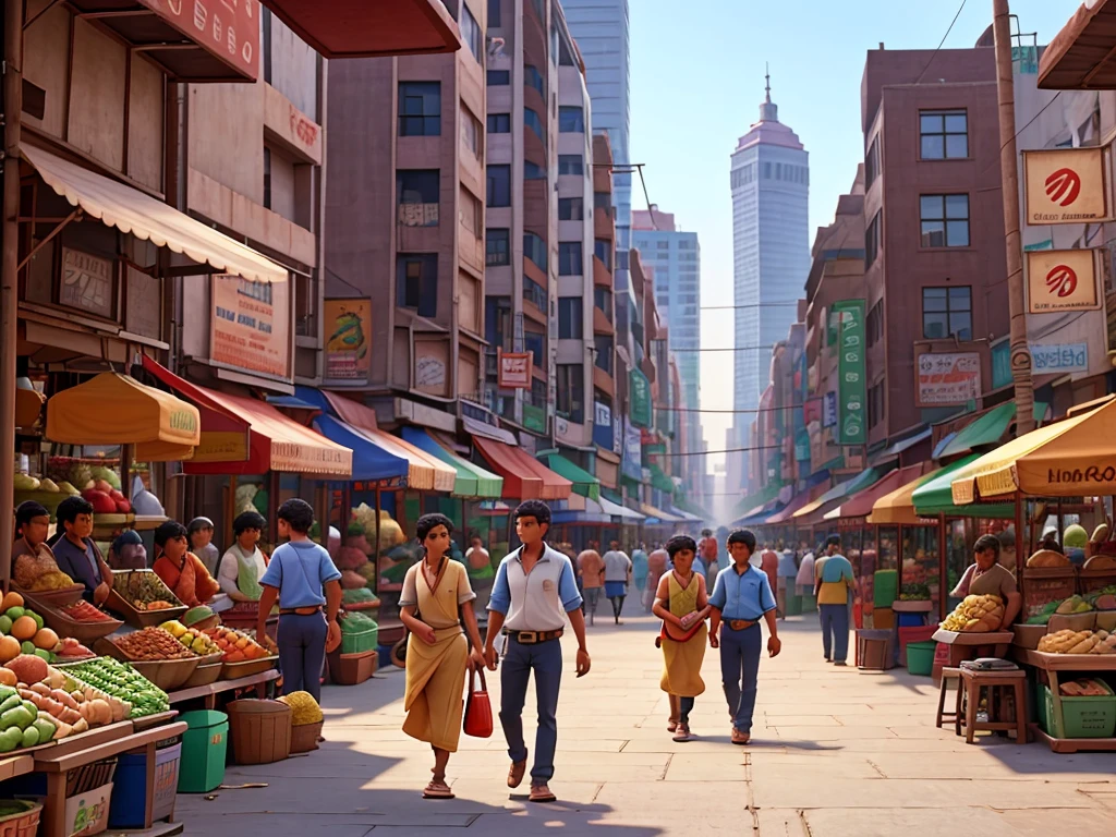 • A scene of a busy market or street in a city, with people busy with their work.
Mohan and Sohan stand at the main entrance of the city, looking around.8k
