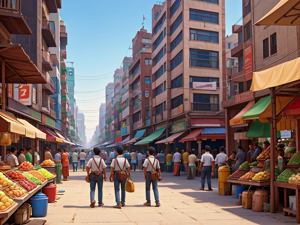 • A scene of a busy market or street in a city, with people busy with their work.

Mohan and Sohan stand at the main entrance of the city, looking around.8k