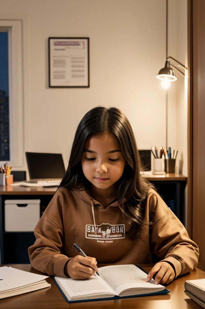 Girl doing her homework at her desk at night wearing brown sweatshirt 