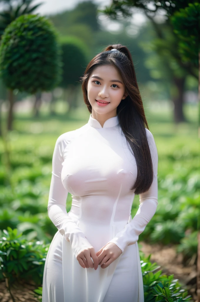 big breasts, round breasts, wearing bra inside ao dai, slim figure, beautiful figure, big breasts, ponytail, sharp 8k quality photo, ((beautiful, sharp, balanced face details) for )), ( (beautiful breasts, plump body), ((beautiful sparkling eyes, sharp eye details, beautiful face)), standing in the middle of Vietnamese rice fields, ((super beautiful body with high details, tight body big breasts and slim waist))